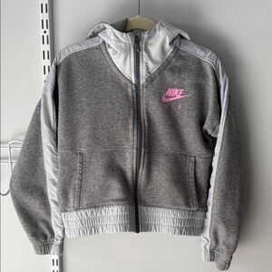 Nike Kids Gray and White Hoodie with Pink Logo